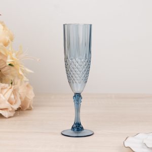 6-Pack Transparent Plastic Champagne Glasses 8oz, Crystal Cut Style Dusty Blue - Shatterproof Wedding Toast Flutes